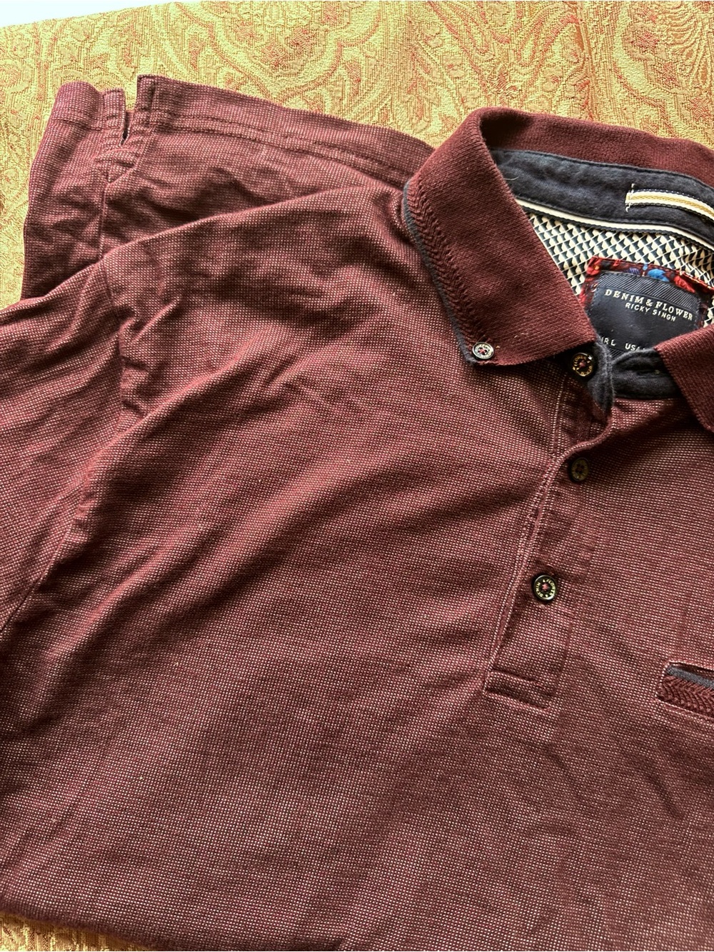 Ricky Singh Men's Denim and Flower Short Sleeve Polo, Deep Burgundy Color